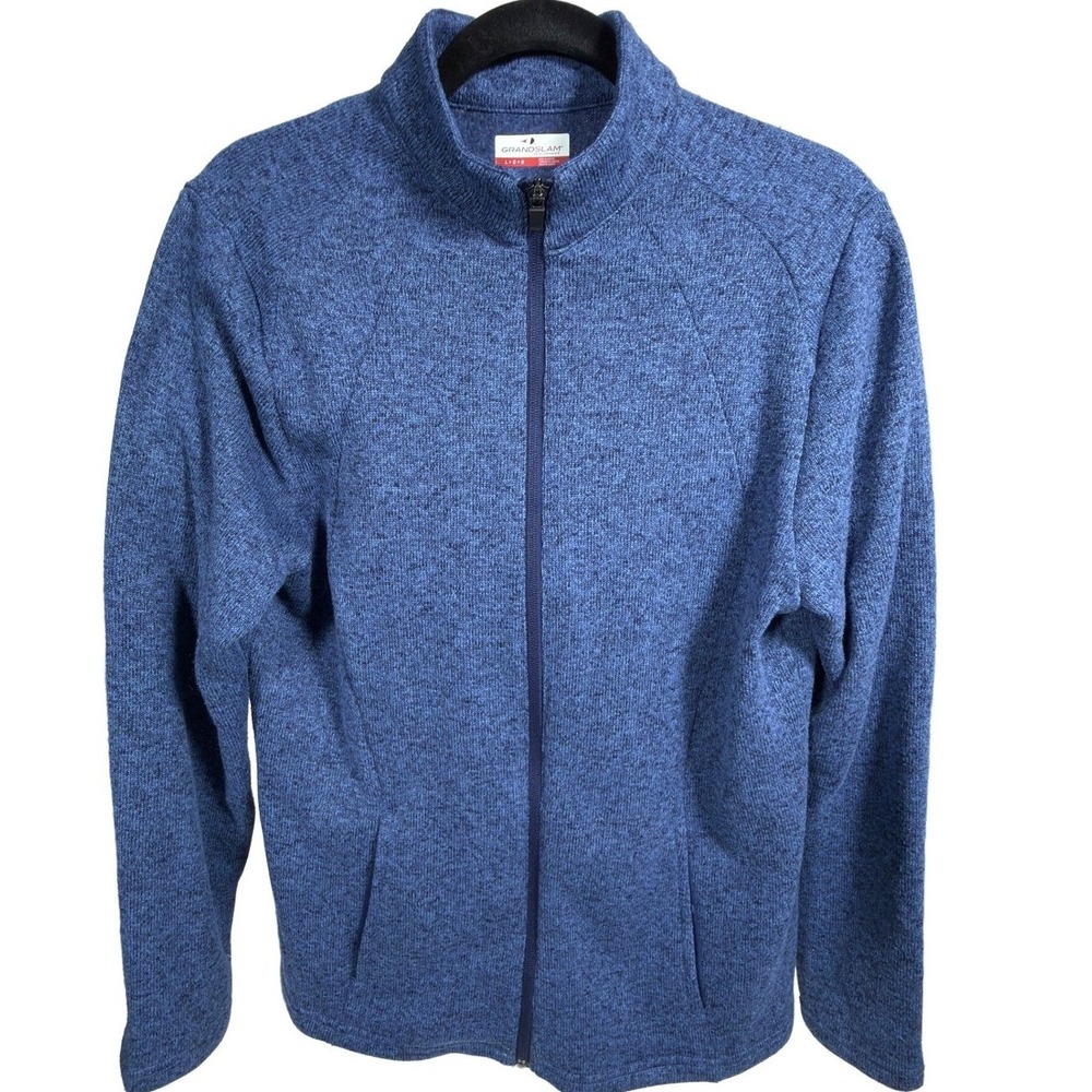 Grand Slam Sweater Fleece Jacket Large Mens Full Zip Mock Neck Blue Heather